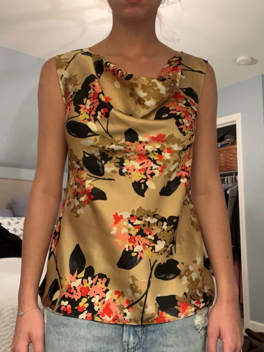 Nic + Zoe Satin Floral Cowl Neck Tank — Gold & Coral